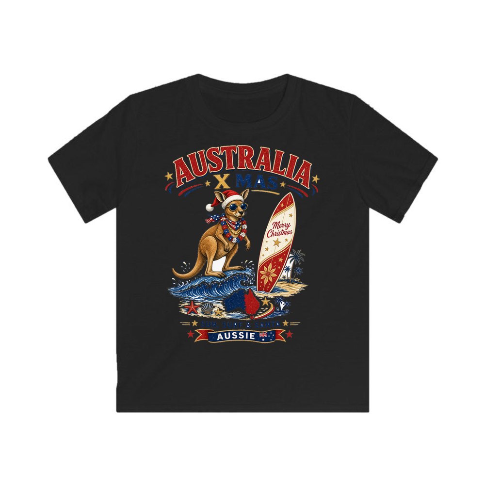 Surfing Kangaroo Christmas personalised kids Christmas tee in black