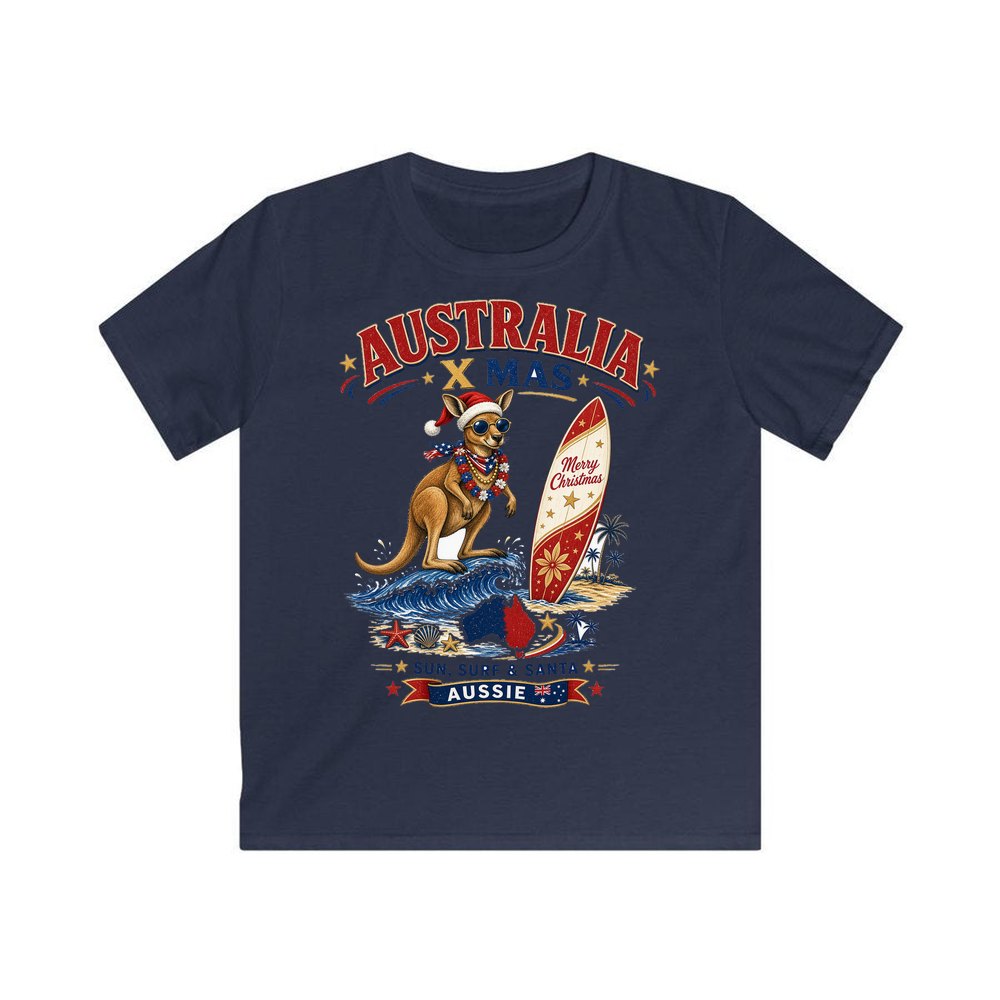 Surfing Kangaroo Christmas personalised kids Christmas tee in navy