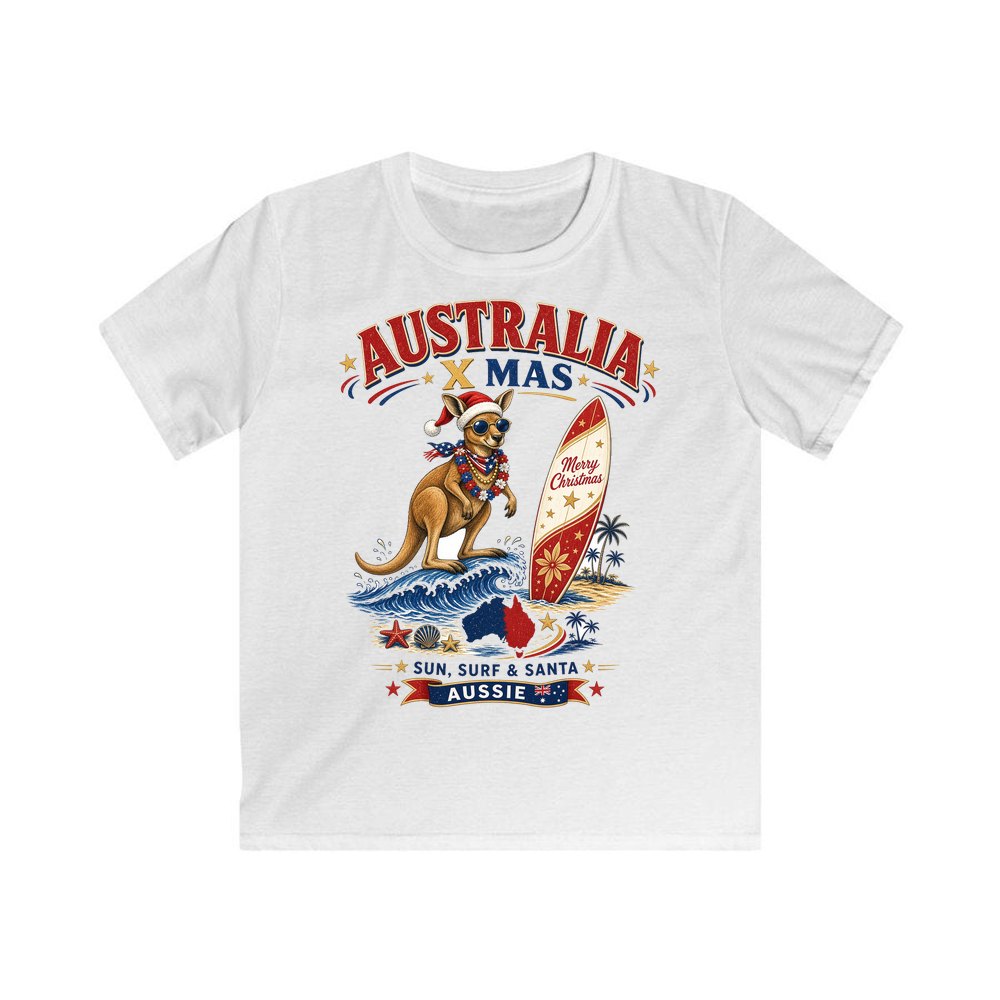 Surfing Kangaroo Christmas personalised kids Christmas tee in white