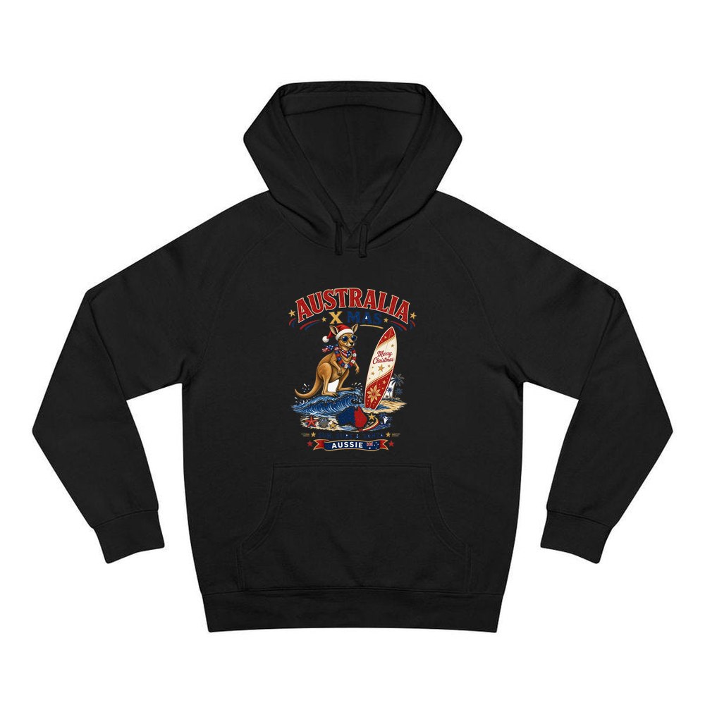 Surfing Kangaroo Christmas personalised Christmas hoodie in black