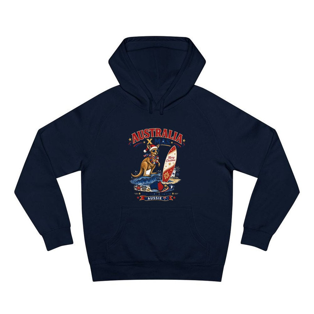 Surfing Kangaroo Christmas personalised Christmas hoodie in navy