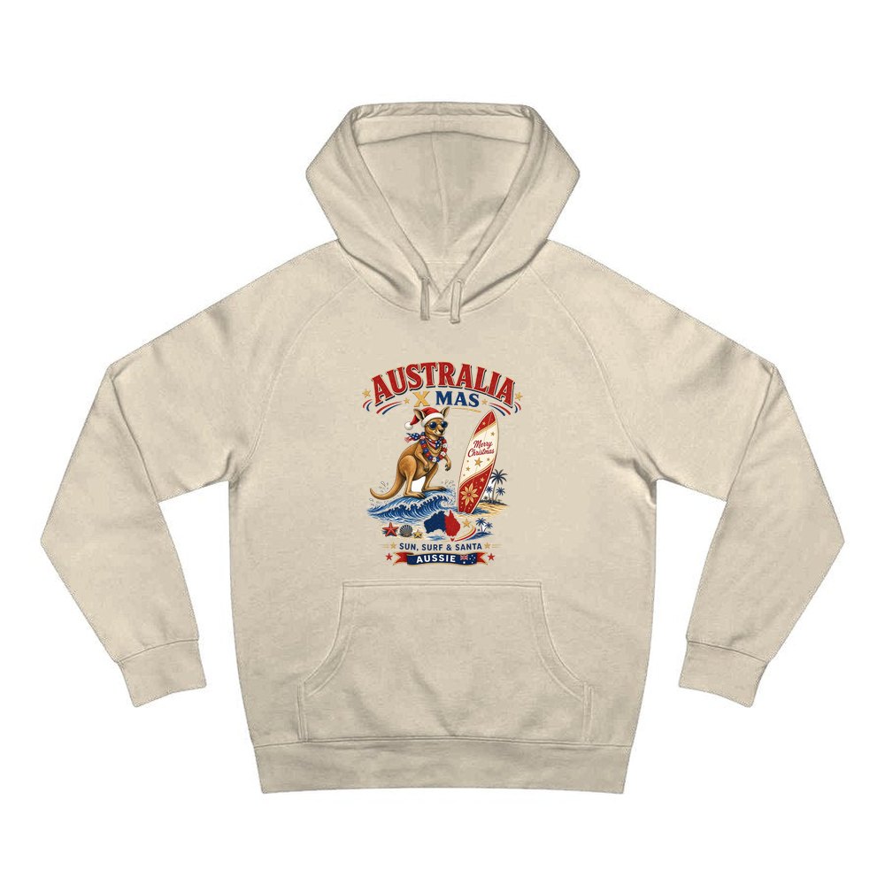 Surfing Kangaroo Christmas personalised Christmas hoodie in sand