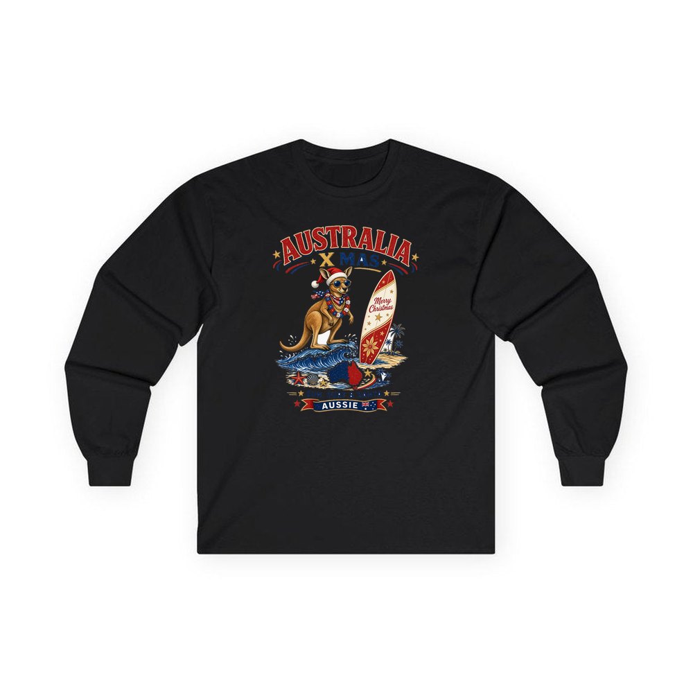 Surfing Kangaroo Christmas personalised long sleeve Christmas T-shirt in black
