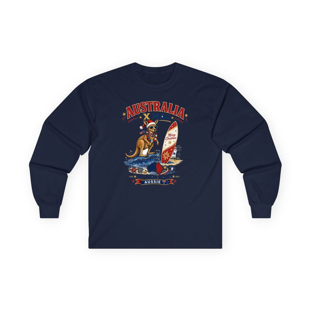 Surfing Kangaroo Christmas personalised long sleeve Christmas T-shirt in navy