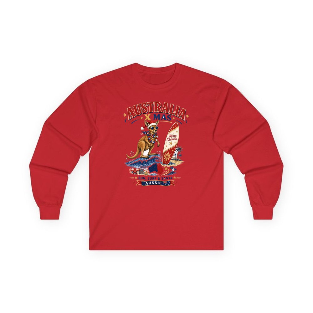 Surfing Kangaroo Christmas personalised long sleeve Christmas T-shirt in red