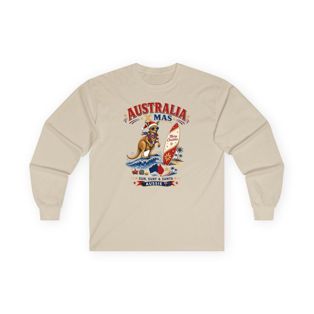 Surfing Kangaroo Christmas personalised long sleeve Christmas T-shirt in sand