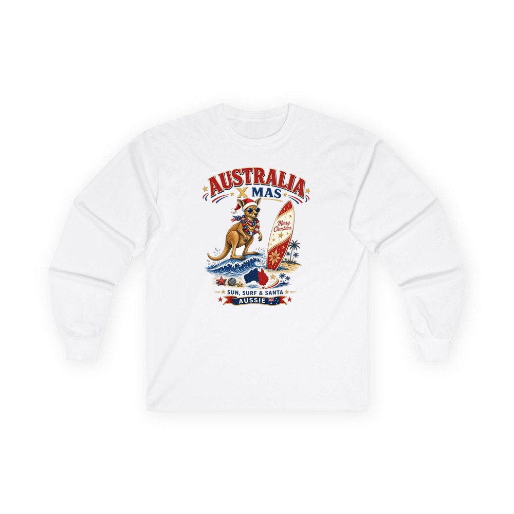 Surfing Kangaroo Christmas personalised long sleeve Christmas T-shirt in white