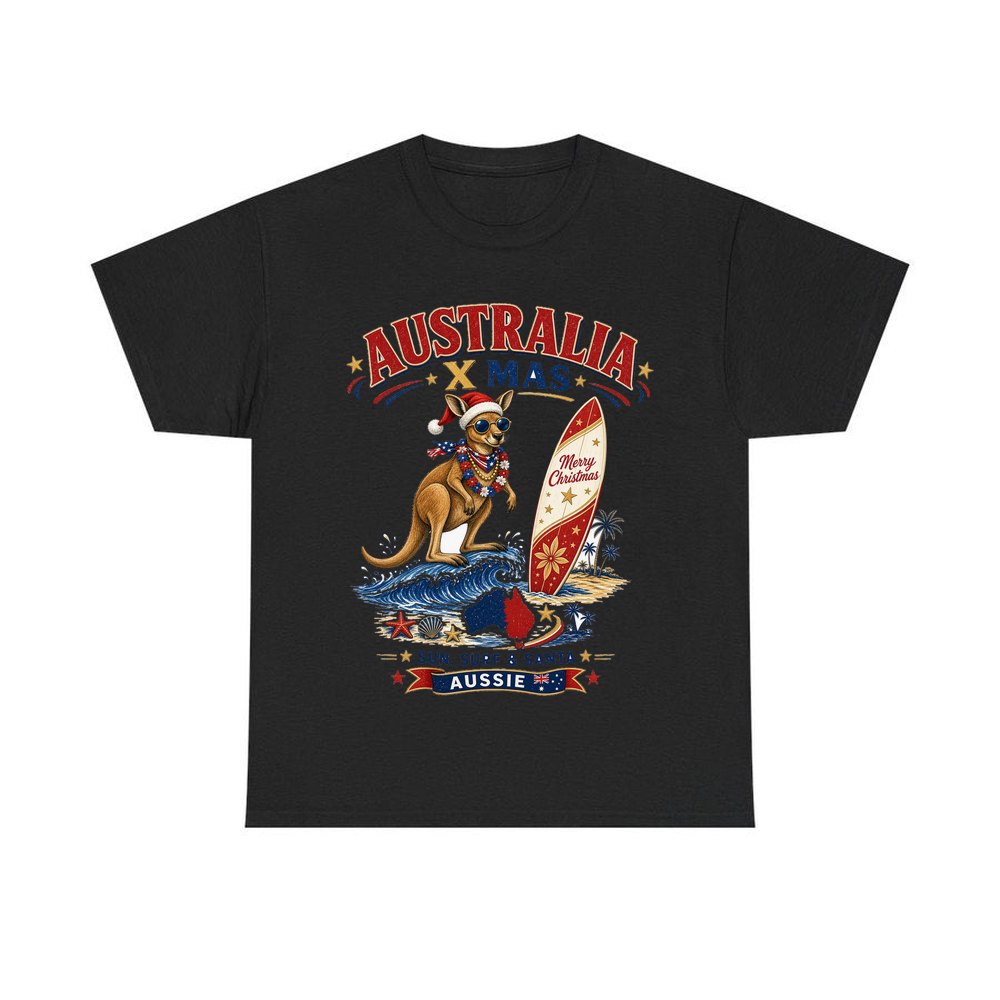 Surfing Kangaroo Christmas personalised Christmas T-shirt in black