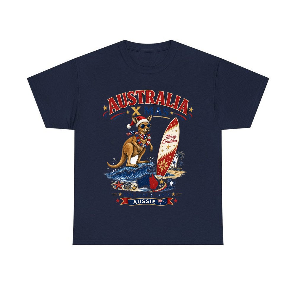 Surfing Kangaroo Christmas personalised Christmas T-shirt in navy