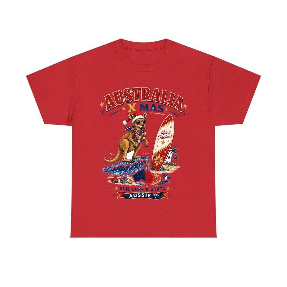 Surfing Kangaroo Christmas personalised Christmas T-shirt in red