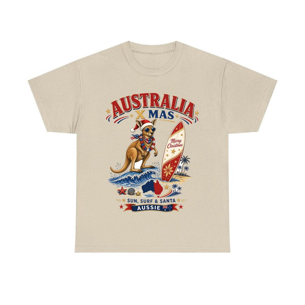 Surfing Kangaroo Christmas personalised Christmas T-shirt in sand