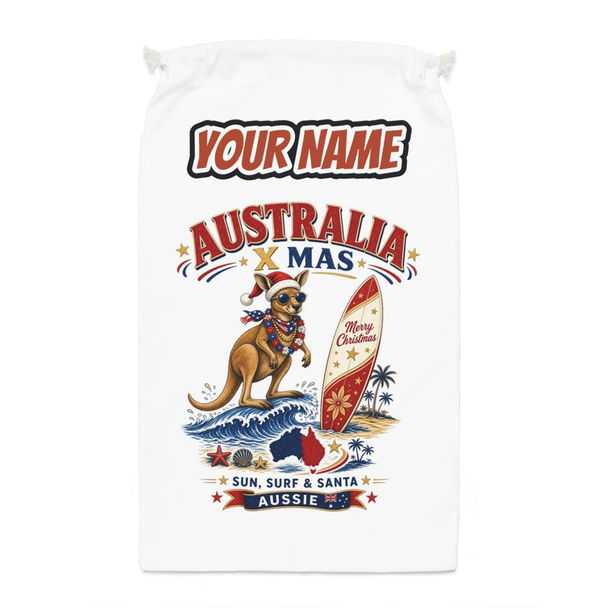Surfing Kangaroo Christmas Santa sack laid flat, showing the full print