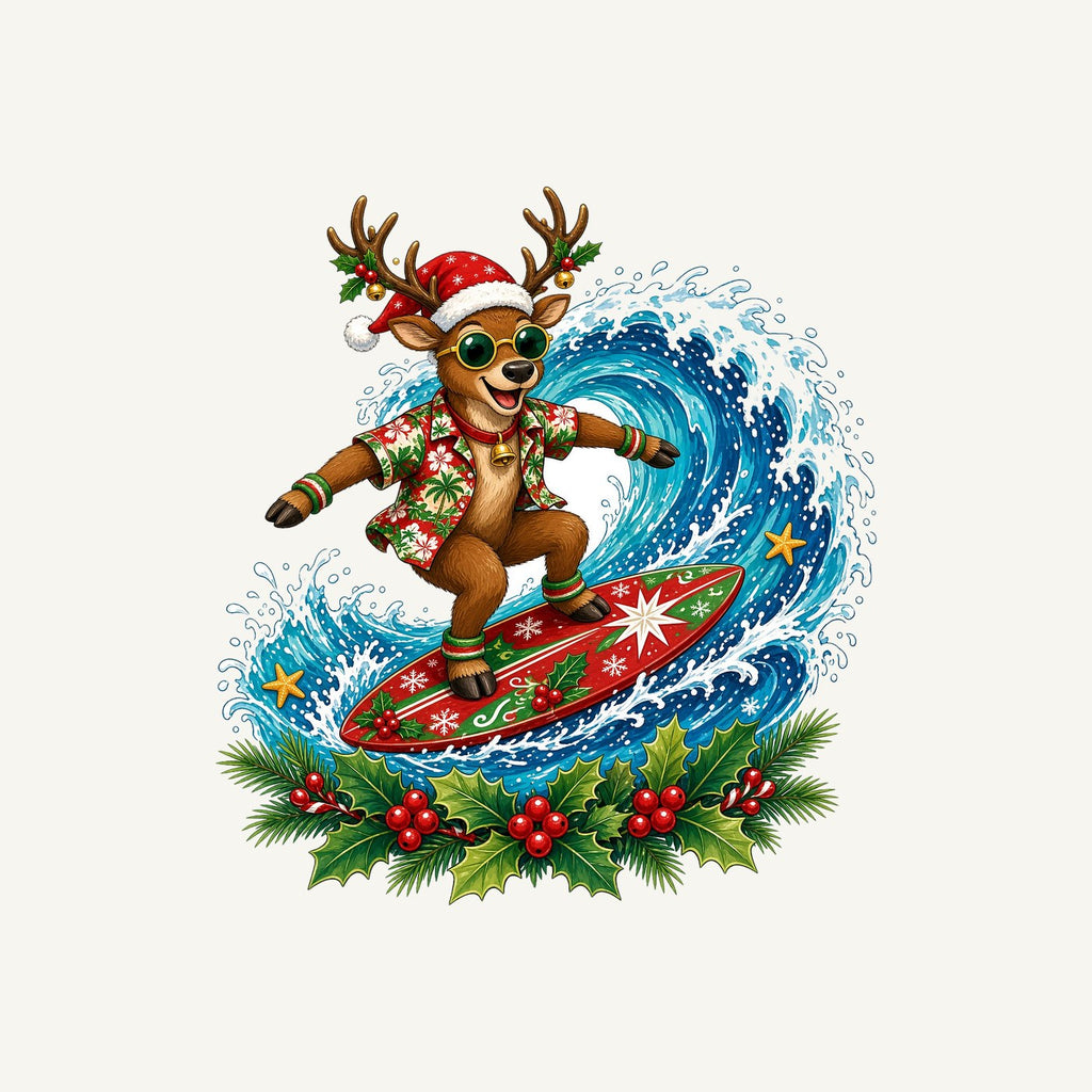 Surfing Reindeer Big Wave Personalised Kids and Baby Christmas Tee