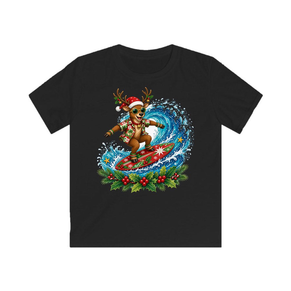 Surfing Reindeer Big Wave personalised kids Christmas tee in black