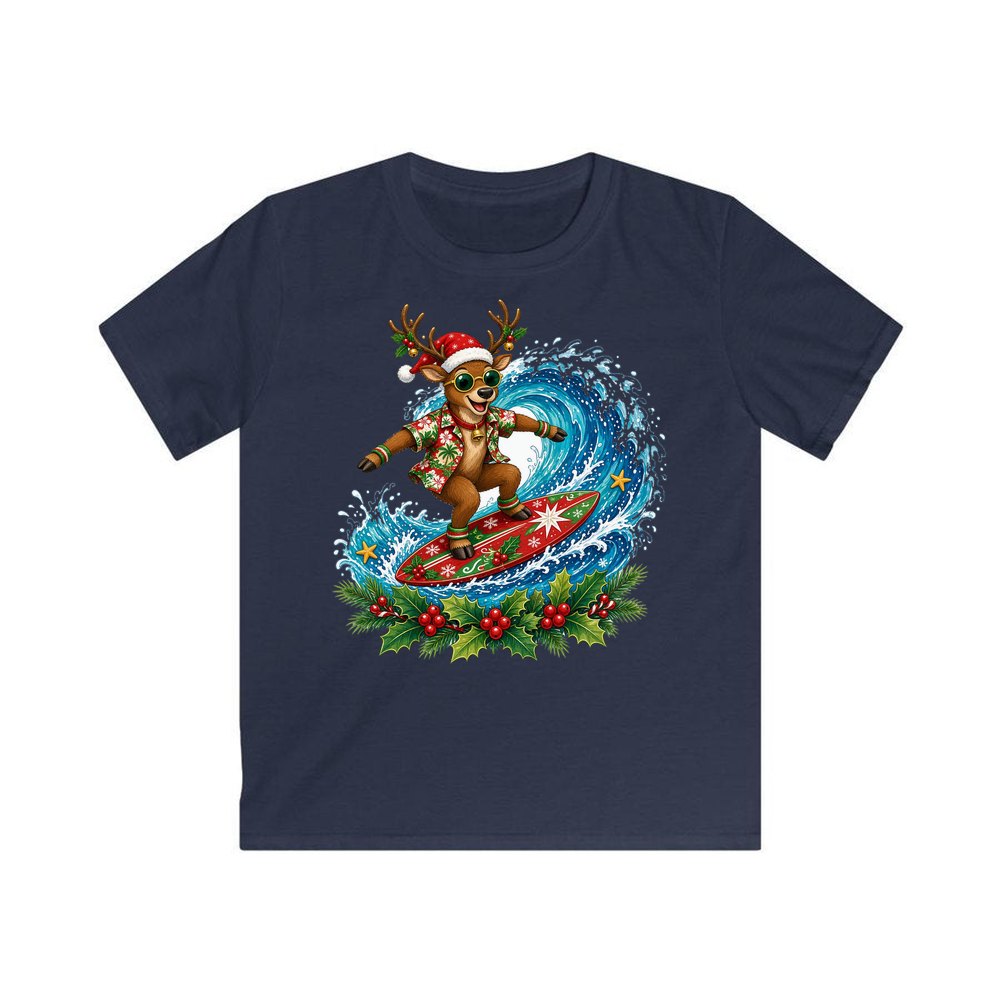 Surfing Reindeer Big Wave personalised kids Christmas tee in navy