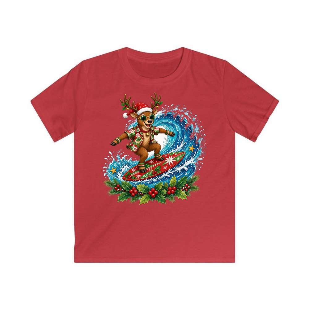 Surfing Reindeer Big Wave personalised kids Christmas tee in red