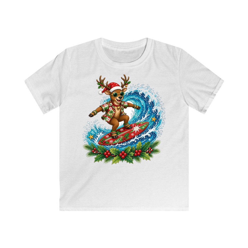 Surfing Reindeer Big Wave personalised kids Christmas tee in white