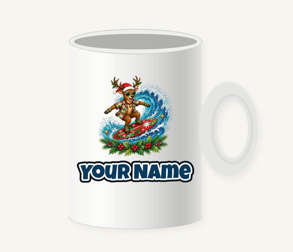 Surfing Reindeer Big Wave Personalised Christmas Mug