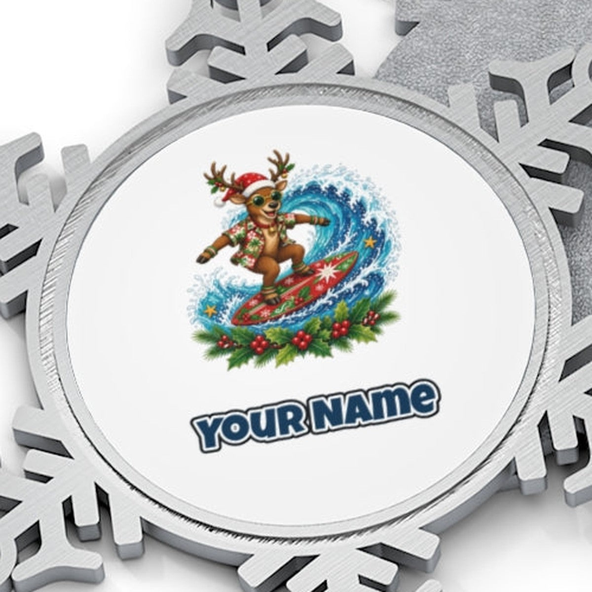 Surfing Reindeer Big Wave Personalised Pewter Christmas Ornament