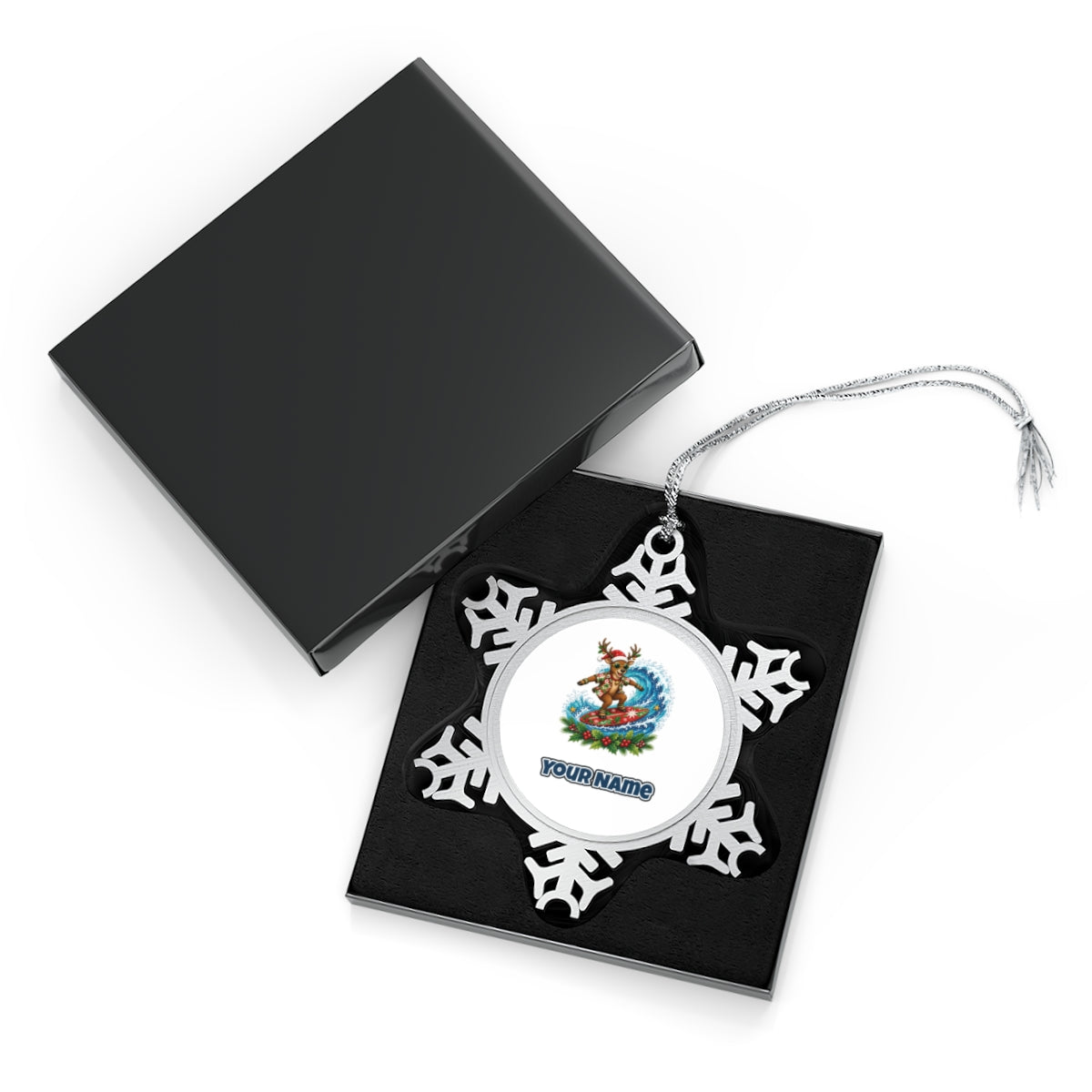 Surfing Reindeer Big Wave Personalised Pewter Christmas Ornament