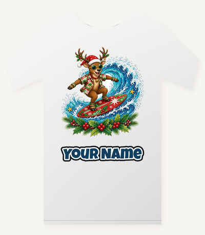 Surfing Reindeer Big Wave Personalised Christmas T-Shirt and Hoodie