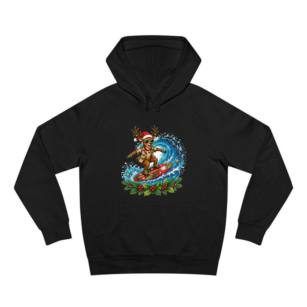 Surfing Reindeer Big Wave personalised Christmas hoodie in black