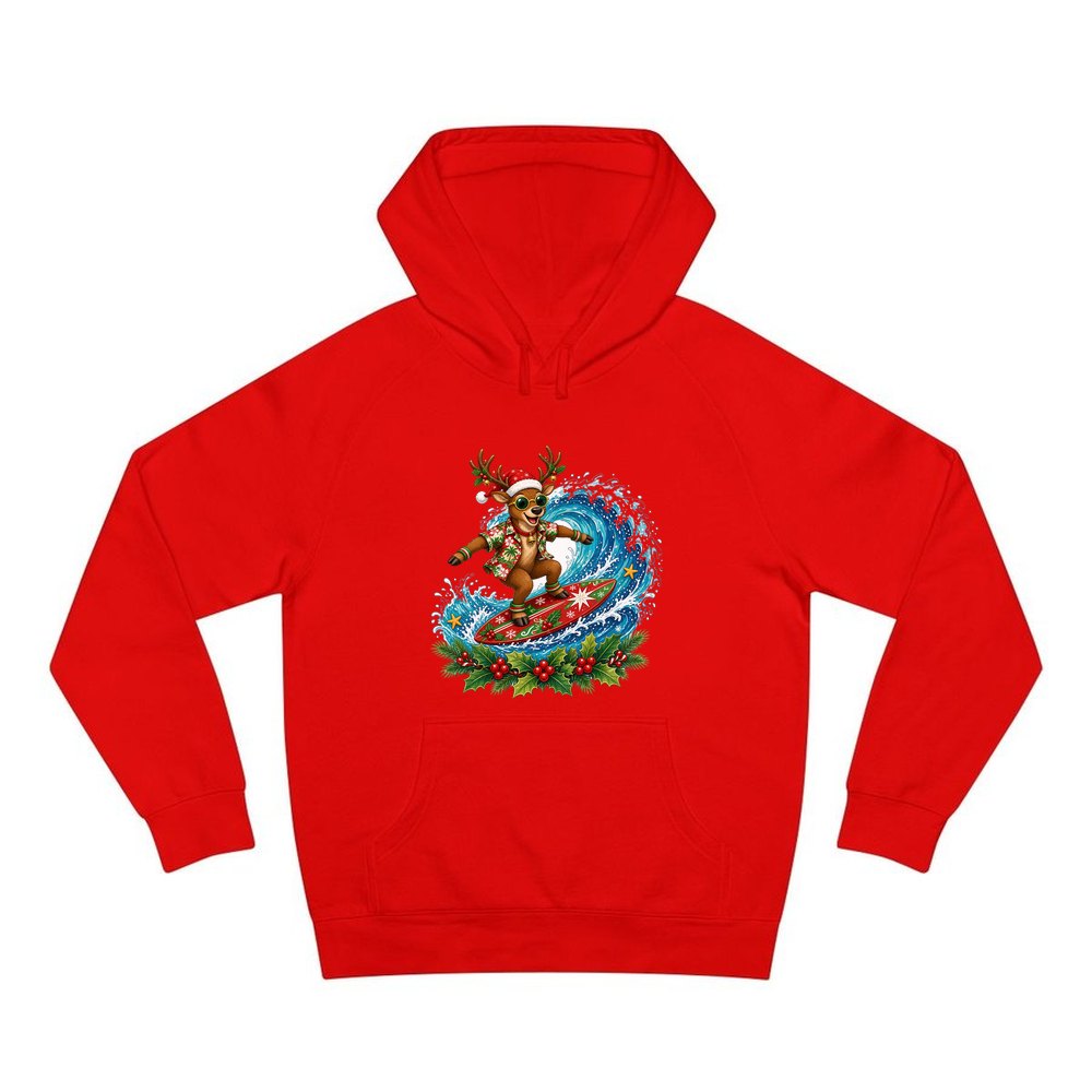 Surfing Reindeer Big Wave personalised Christmas hoodie in red