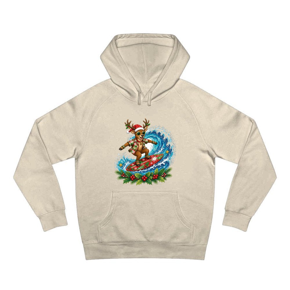 Surfing Reindeer Big Wave personalised Christmas hoodie in sand