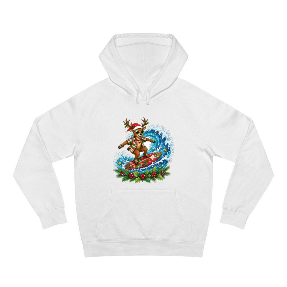 Surfing Reindeer Big Wave personalised Christmas hoodie in white