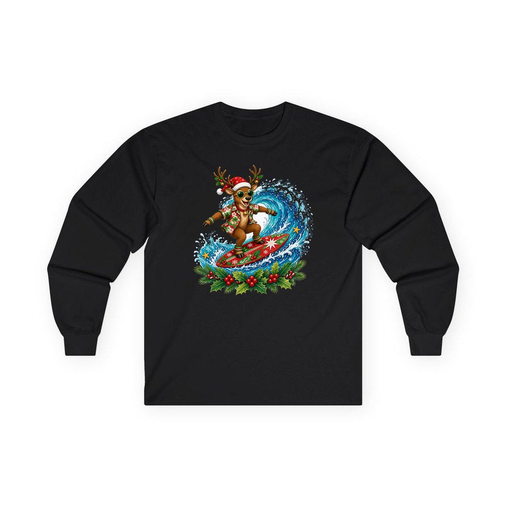 Surfing Reindeer Big Wave personalised long sleeve Christmas T-shirt in black