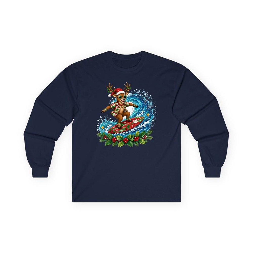 Surfing Reindeer Big Wave personalised long sleeve Christmas T-shirt in navy