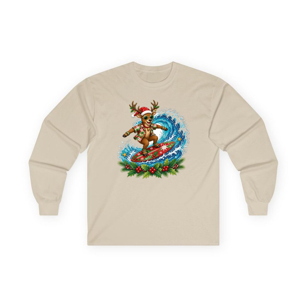 Surfing Reindeer Big Wave personalised long sleeve Christmas T-shirt in sand