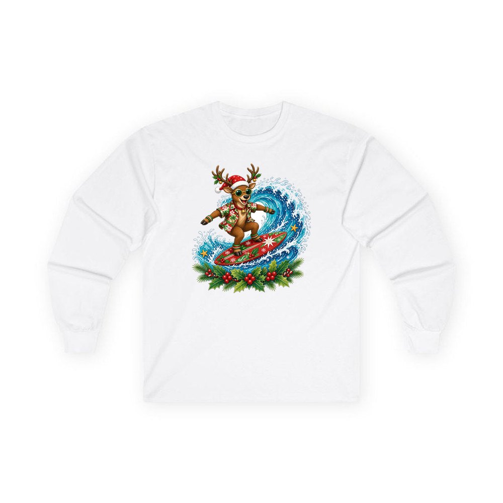 Surfing Reindeer Big Wave personalised long sleeve Christmas T-shirt in white