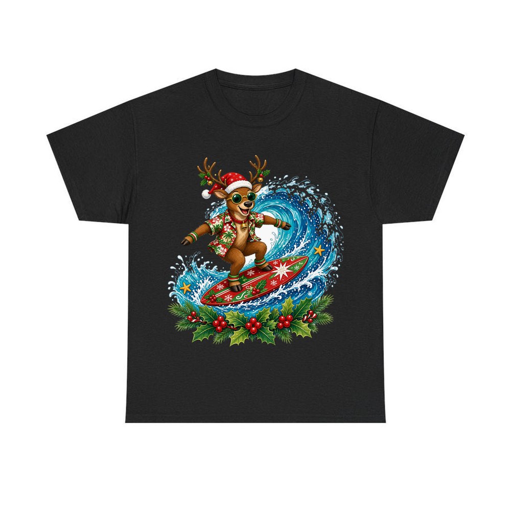 Surfing Reindeer Big Wave personalised Christmas T-shirt in black