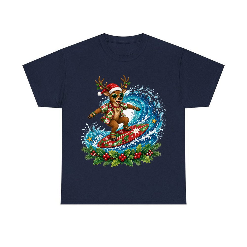 Surfing Reindeer Big Wave personalised Christmas T-shirt in navy