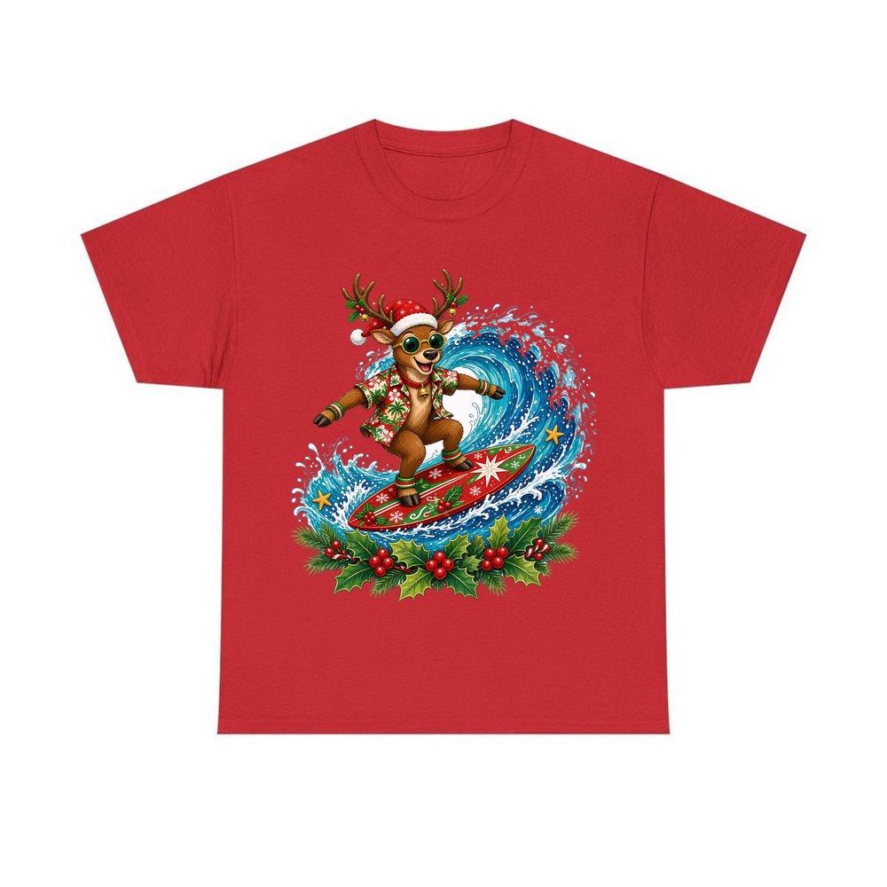 Surfing Reindeer Big Wave personalised Christmas T-shirt in red