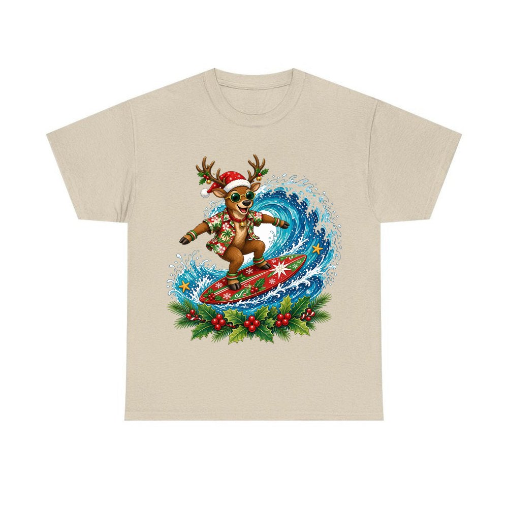 Surfing Reindeer Big Wave personalised Christmas T-shirt in sand