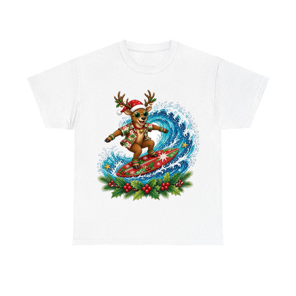 Surfing Reindeer Big Wave personalised Christmas T-shirt in white