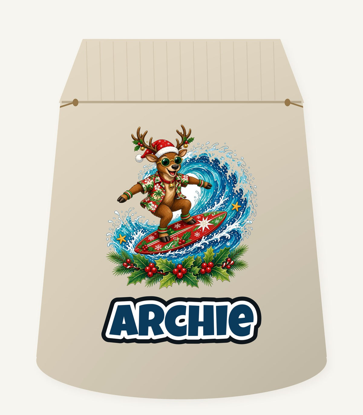 Surfing Reindeer Big Wave Personalised Santa Sack