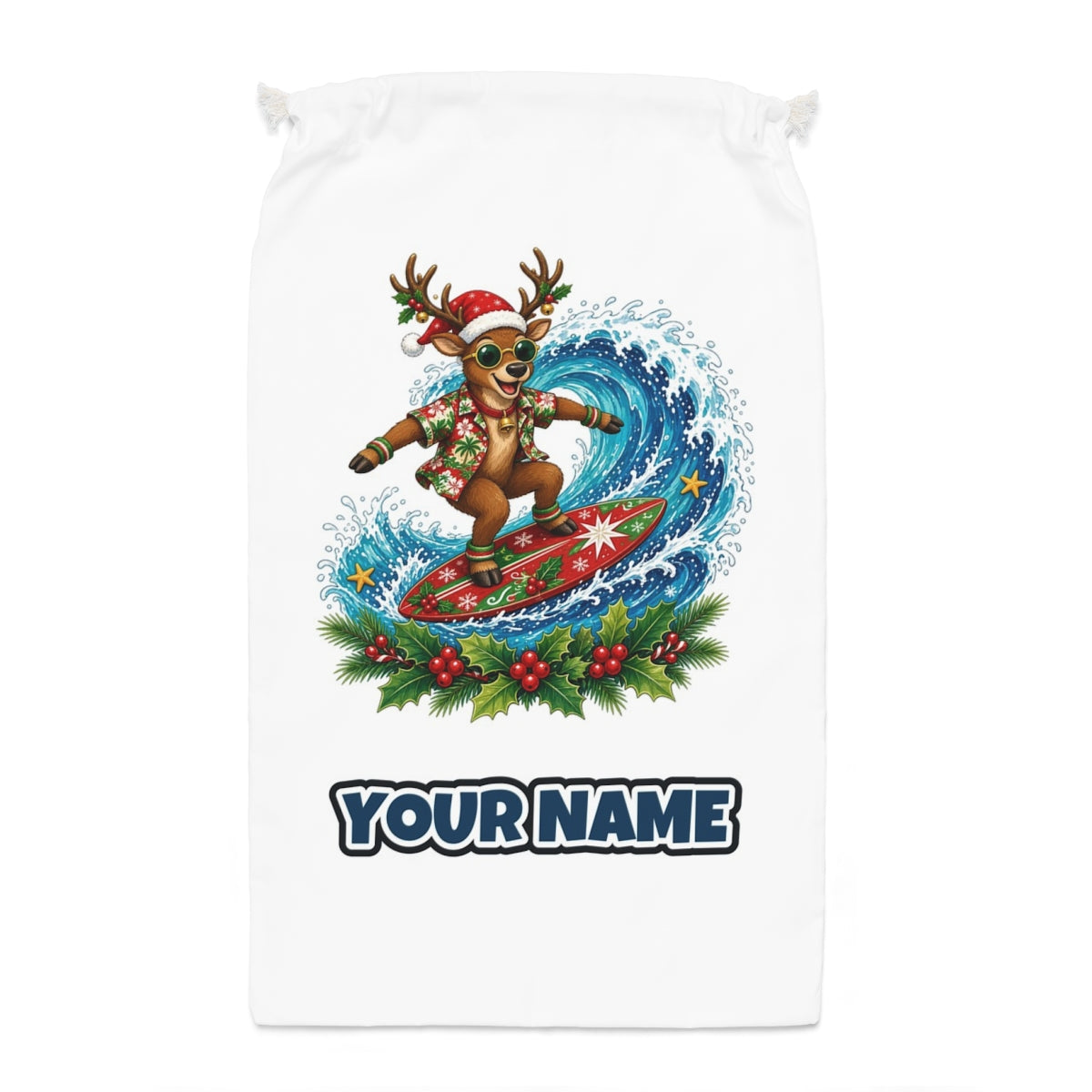 Surfing Reindeer Big Wave Santa sack laid flat, showing the full print