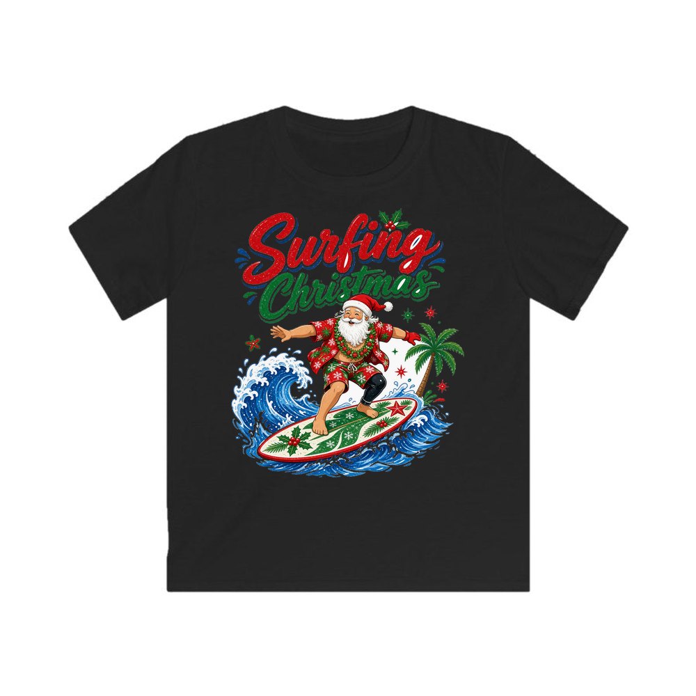 Surfing Santa Big Wave personalised kids Christmas tee in black