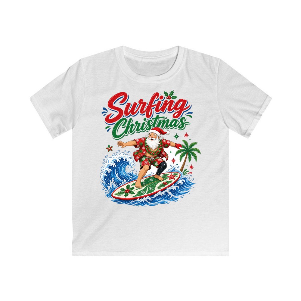 Surfing Santa Big Wave personalised kids Christmas tee in white