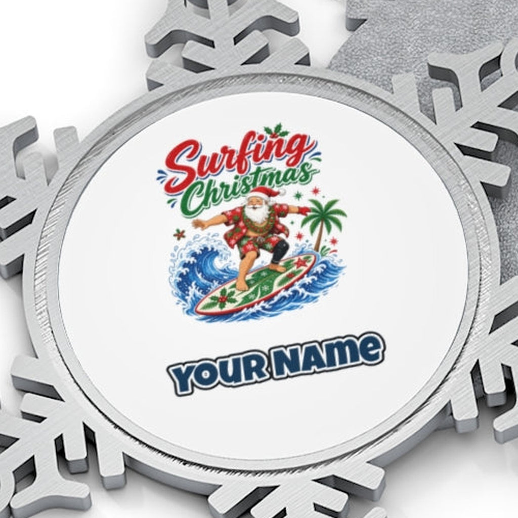 Surfing Santa Big Wave Personalised Pewter Christmas Ornament