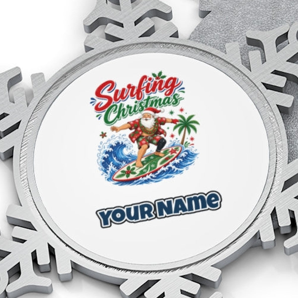 Surfing Santa Big Wave Personalised Pewter Christmas Ornament