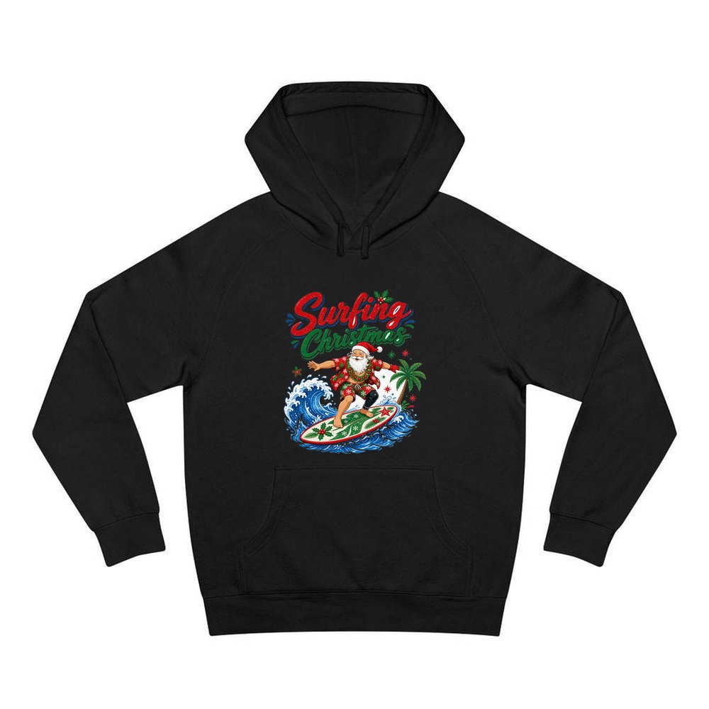Surfing Santa Big Wave personalised Christmas hoodie in black