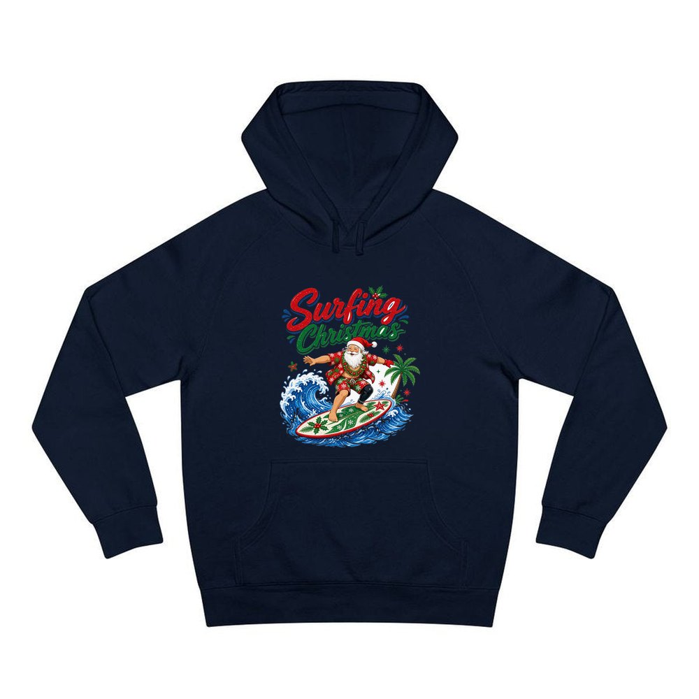 Surfing Santa Big Wave personalised Christmas hoodie in navy