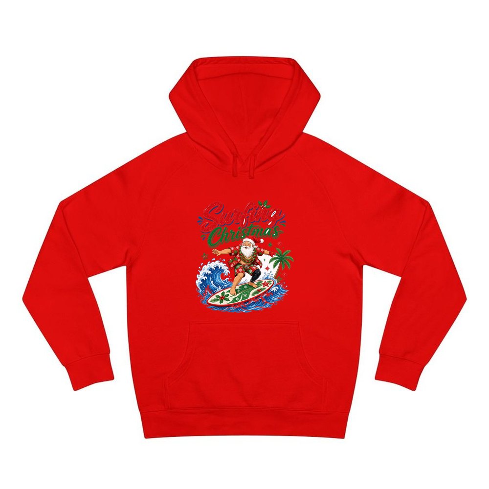 Surfing Santa Big Wave personalised Christmas hoodie in red