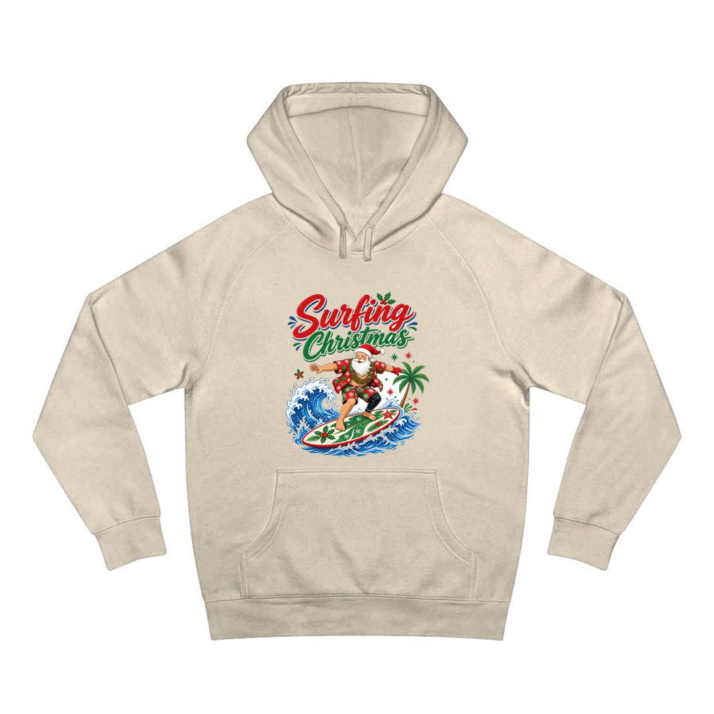 Surfing Santa Big Wave personalised Christmas hoodie in sand