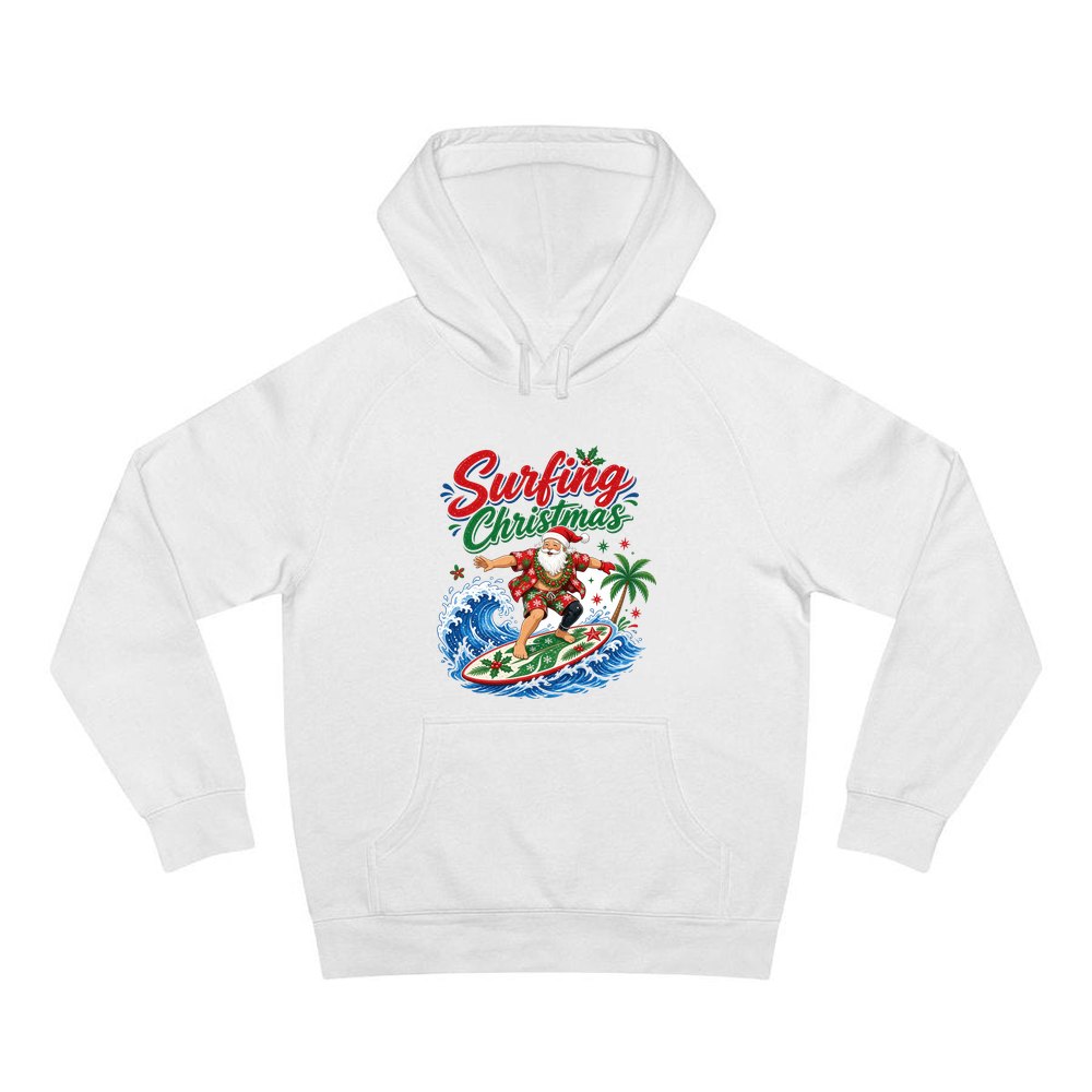 Surfing Santa Big Wave personalised Christmas hoodie in white