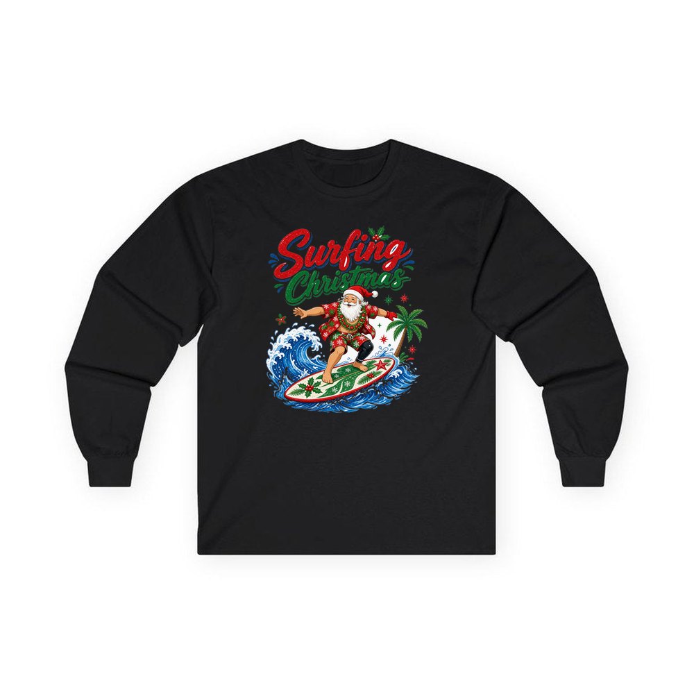 Surfing Santa Big Wave personalised long sleeve Christmas T-shirt in black